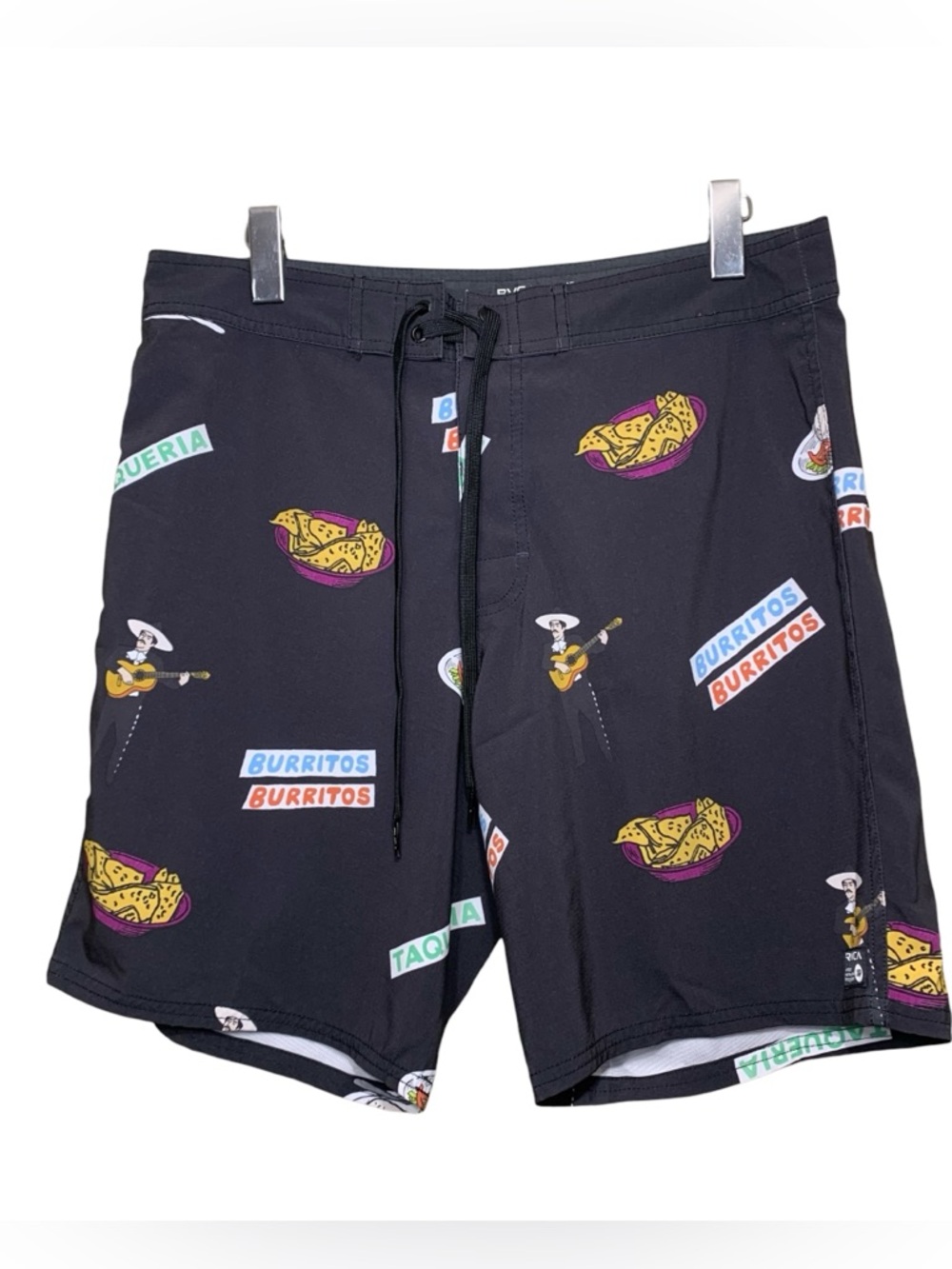 RVCA Black Swim Board Shorts Burritos Tacos Print Sz 32 Special EDT Hot Fudge